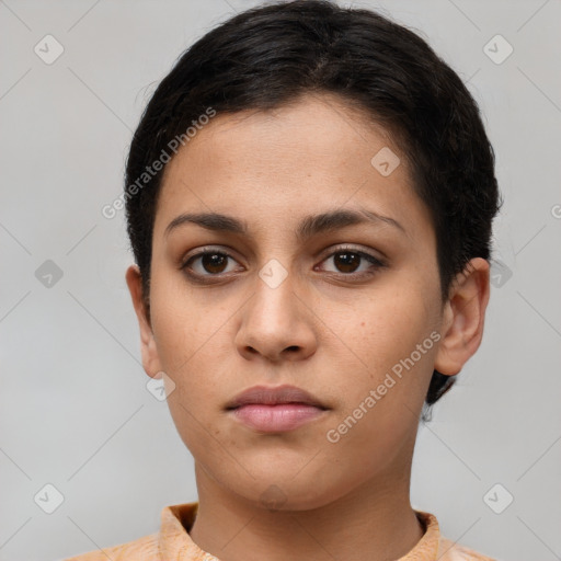 Neutral white young-adult female with short  brown hair and brown eyes