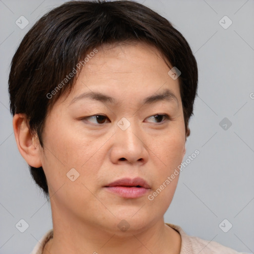 Neutral asian young-adult female with short  brown hair and brown eyes