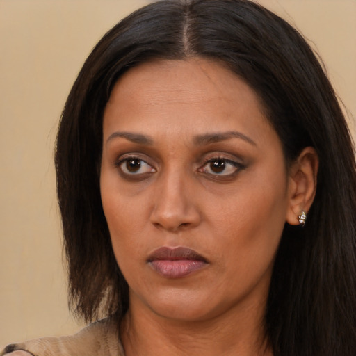 Neutral asian young-adult female with long  brown hair and brown eyes