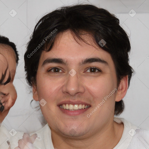 Joyful white young-adult male with medium  brown hair and brown eyes