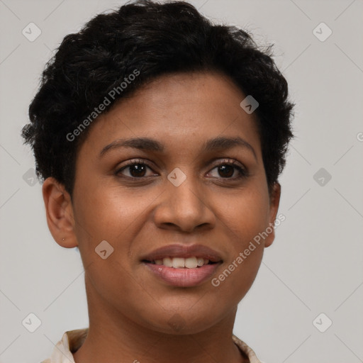 Joyful latino young-adult female with short  brown hair and brown eyes