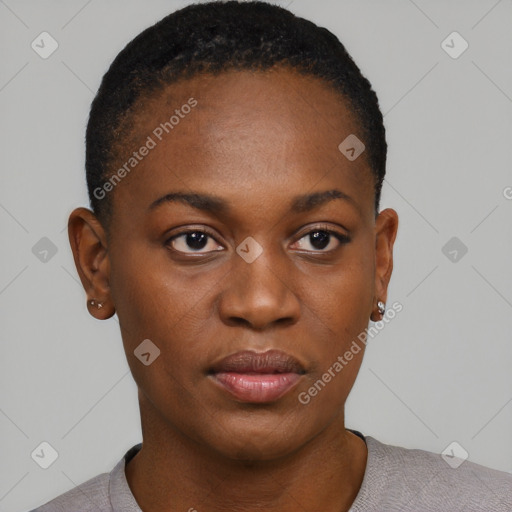 Neutral black young-adult female with short  black hair and brown eyes