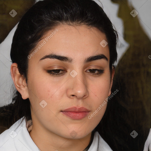 Neutral white young-adult female with medium  brown hair and brown eyes