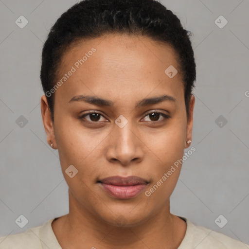 Joyful latino young-adult female with short  brown hair and brown eyes