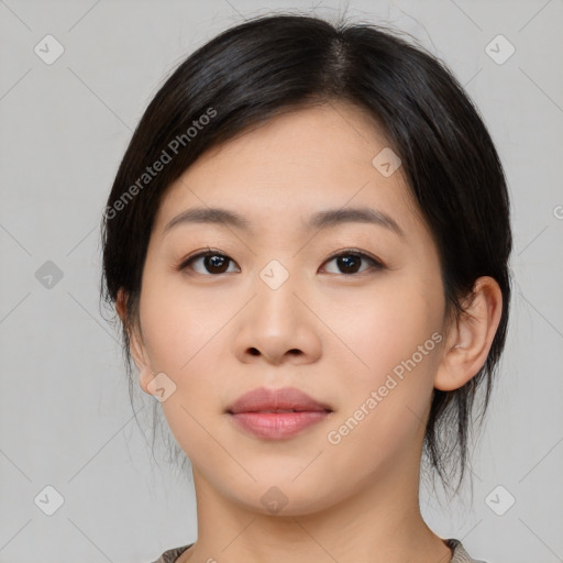 Neutral asian young-adult female with medium  black hair and brown eyes