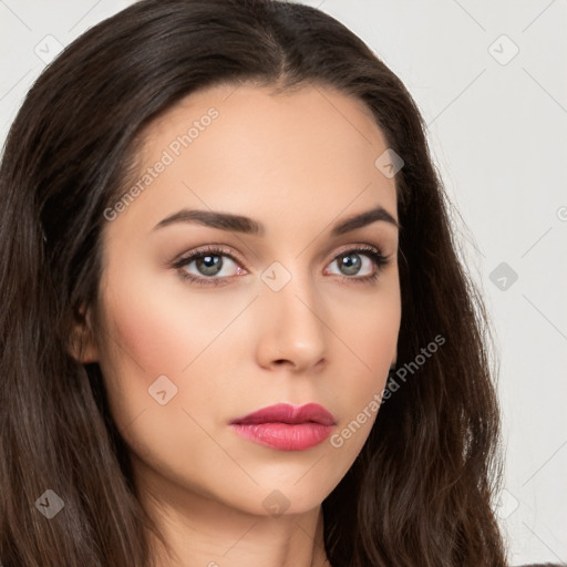 Neutral white young-adult female with long  brown hair and brown eyes