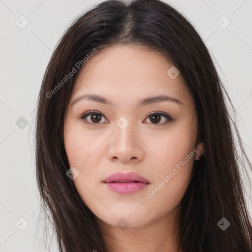 Neutral asian young-adult female with long  brown hair and brown eyes