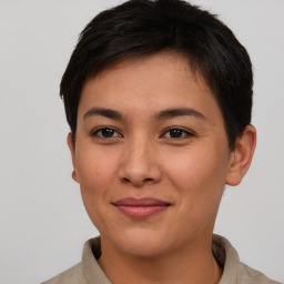 Joyful asian young-adult female with short  brown hair and brown eyes