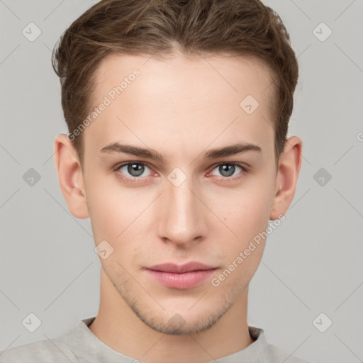 Neutral white young-adult male with short  brown hair and grey eyes