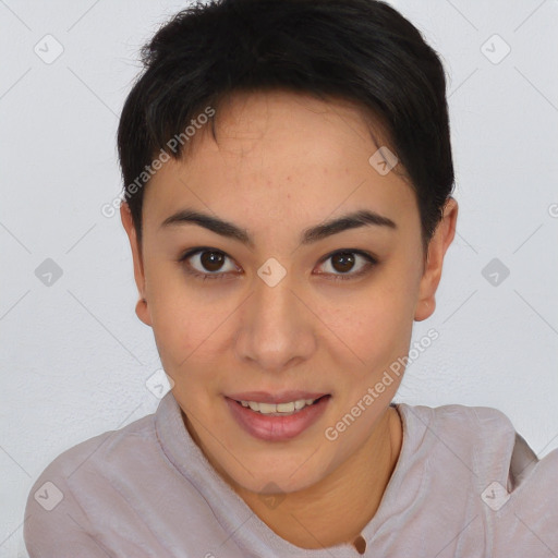 Joyful asian young-adult female with short  brown hair and brown eyes