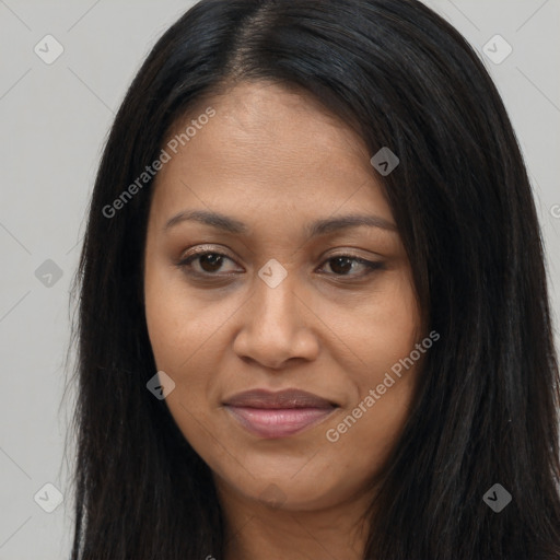 Joyful latino young-adult female with long  brown hair and brown eyes