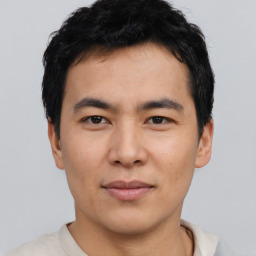 Neutral asian young-adult male with short  black hair and brown eyes