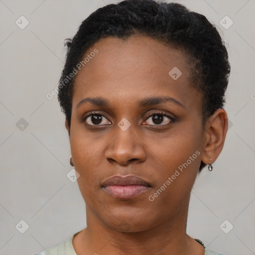 Neutral black young-adult female with short  black hair and brown eyes