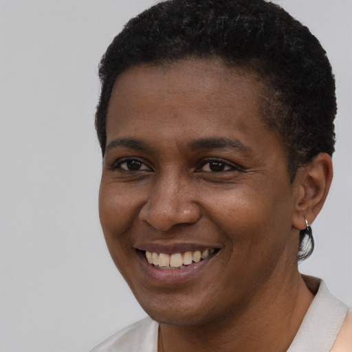 Joyful black young-adult male with short  brown hair and brown eyes