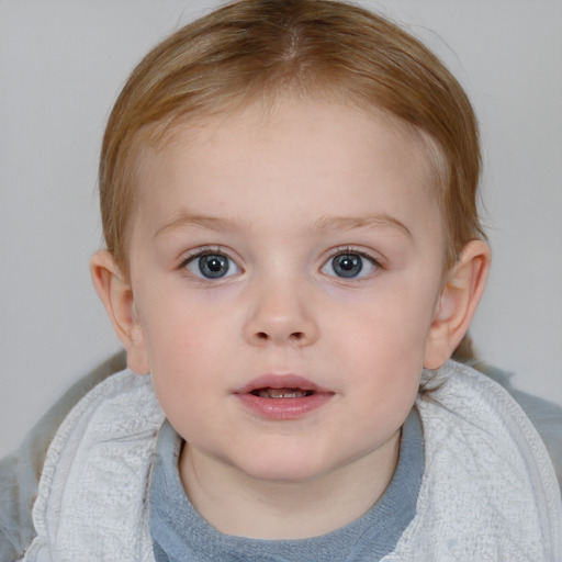 Joyful white child female with medium  brown hair and blue eyes