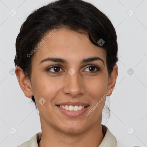 Joyful white young-adult female with short  brown hair and brown eyes