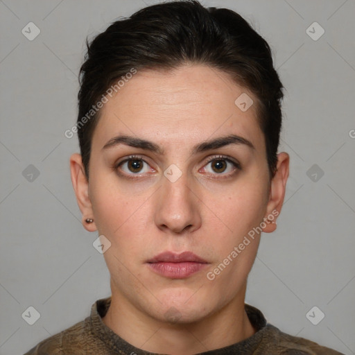 Neutral white young-adult female with short  brown hair and brown eyes