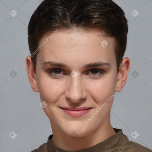 Joyful white young-adult female with short  brown hair and brown eyes