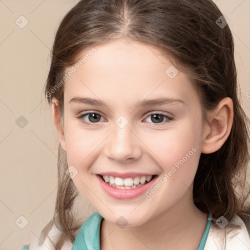 Joyful white child female with medium  brown hair and brown eyes