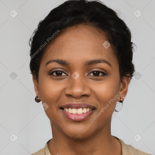 Joyful latino young-adult female with short  black hair and brown eyes