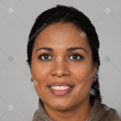 Joyful black young-adult female with medium  black hair and brown eyes