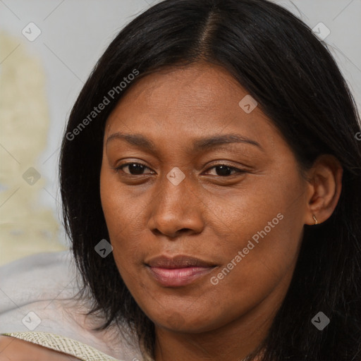 Joyful asian young-adult female with long  brown hair and brown eyes