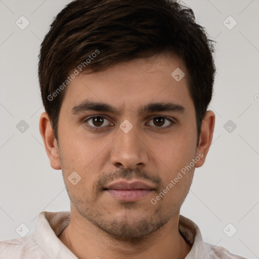 Neutral white young-adult male with short  brown hair and brown eyes