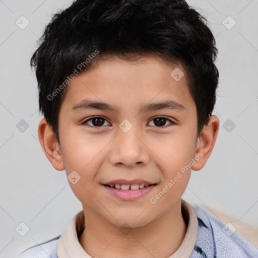 Joyful white child male with short  brown hair and brown eyes