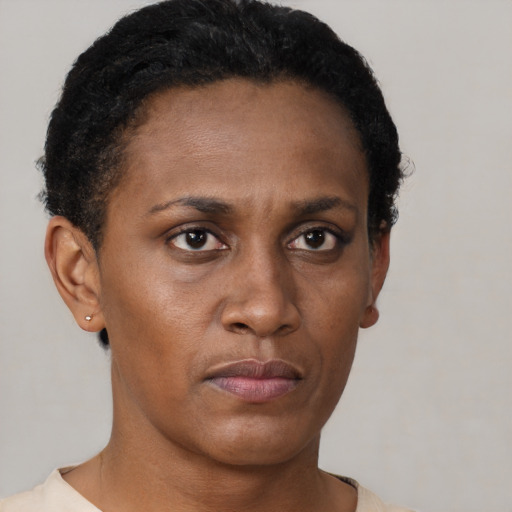 Neutral black young-adult female with short  black hair and brown eyes