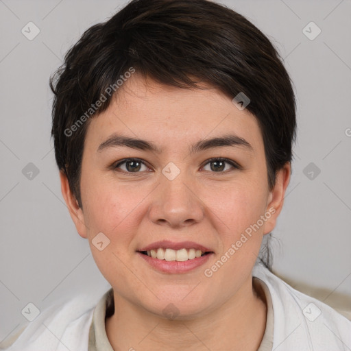 Joyful white young-adult female with short  brown hair and brown eyes