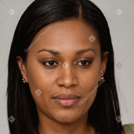 Joyful latino young-adult female with long  brown hair and brown eyes