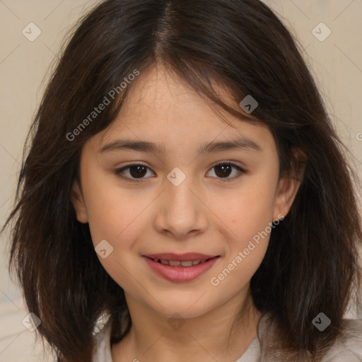 Joyful white child female with medium  brown hair and brown eyes