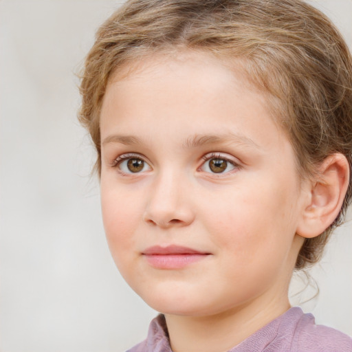 Joyful white child female with medium  brown hair and blue eyes