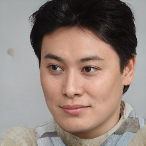 Joyful asian young-adult male with short  brown hair and brown eyes