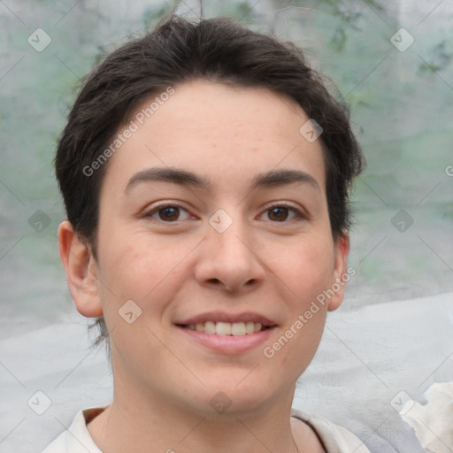 Joyful white young-adult female with short  brown hair and brown eyes