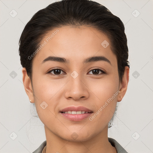 Joyful white young-adult female with short  brown hair and brown eyes