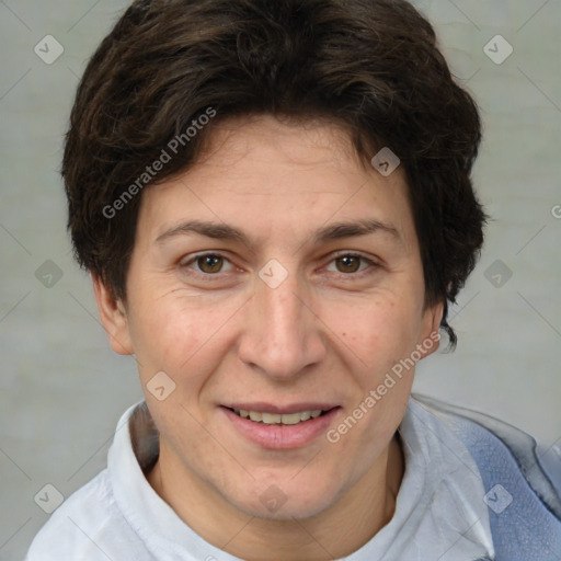 Joyful white adult female with short  brown hair and brown eyes