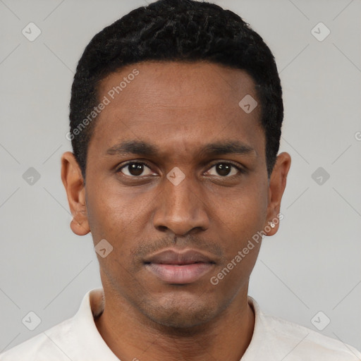 Neutral black young-adult male with short  black hair and brown eyes