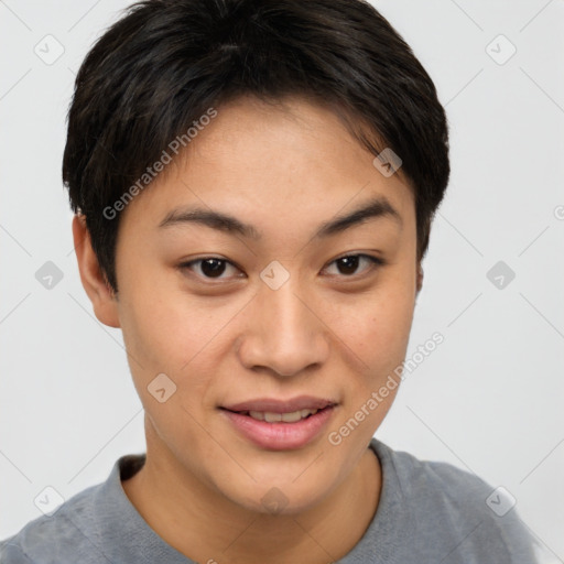 Joyful white young-adult female with short  brown hair and brown eyes