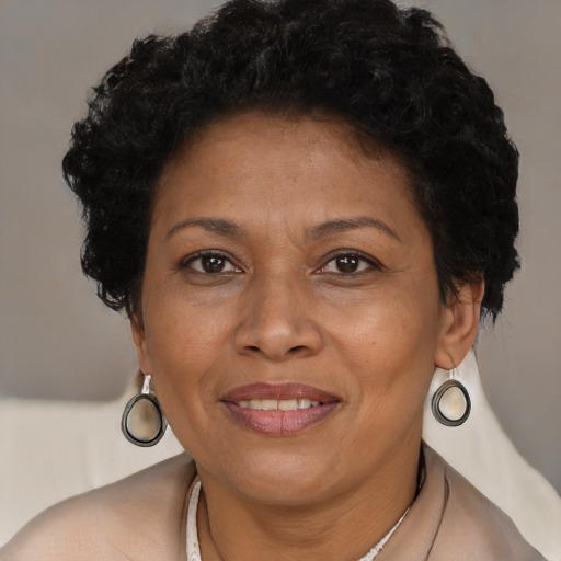 Joyful black adult female with short  brown hair and brown eyes