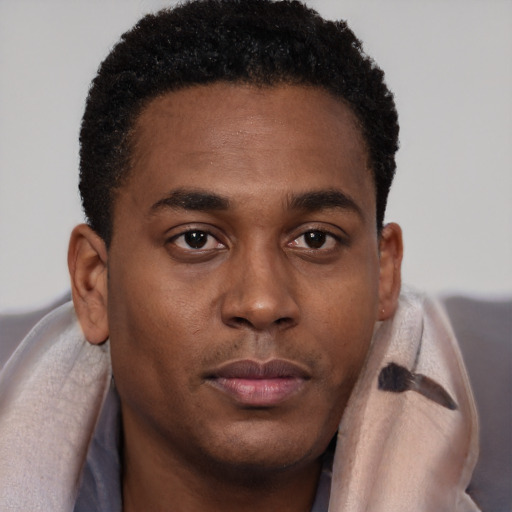 Neutral black young-adult male with short  brown hair and brown eyes