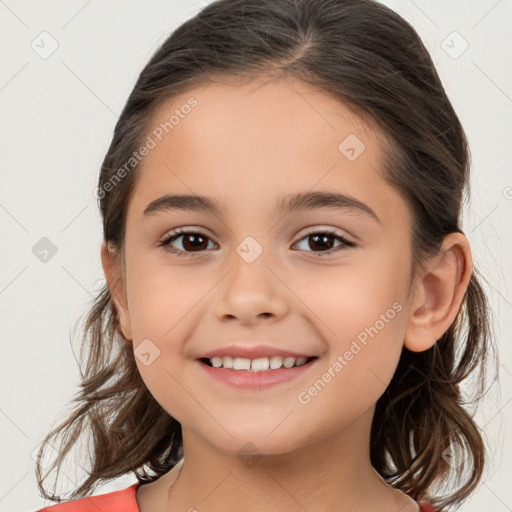 Joyful white child female with medium  brown hair and brown eyes