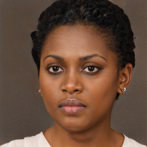 Neutral black young-adult female with short  brown hair and brown eyes