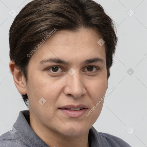 Joyful white young-adult female with medium  brown hair and brown eyes