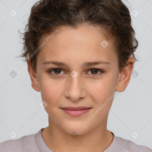 Joyful white child female with short  brown hair and brown eyes