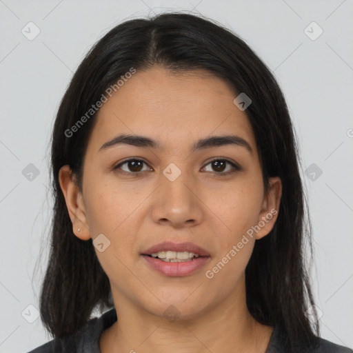 Joyful latino young-adult female with medium  brown hair and brown eyes