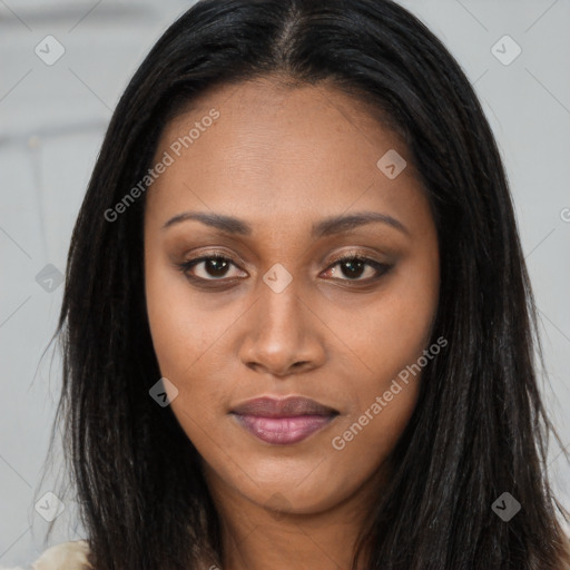 Joyful asian young-adult female with long  brown hair and brown eyes