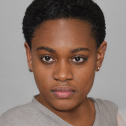 Neutral black young-adult female with short  brown hair and brown eyes