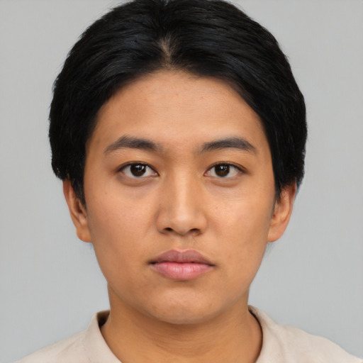 Neutral asian young-adult male with short  black hair and brown eyes