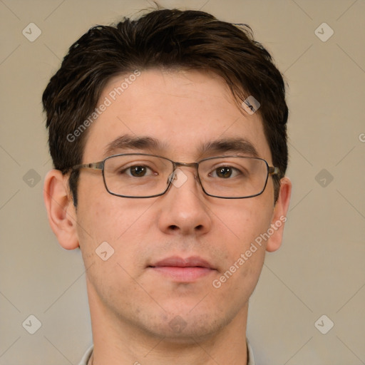 Neutral white young-adult male with short  brown hair and brown eyes